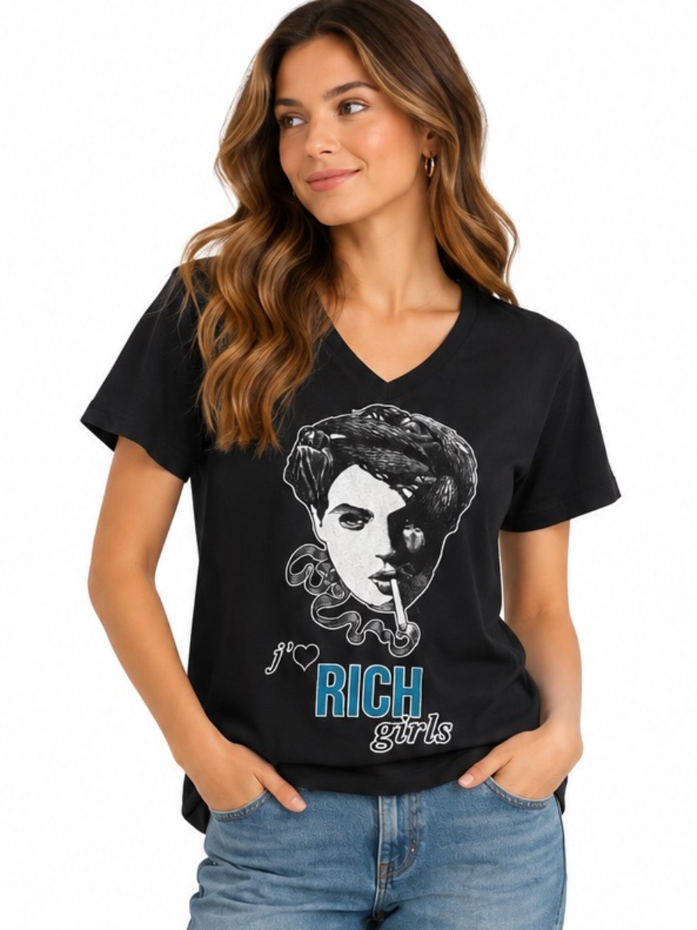 DOMREBEL NWT Rich Girls Graphic V-Neck Tee Black M Y2K Streetwear Art Tee
